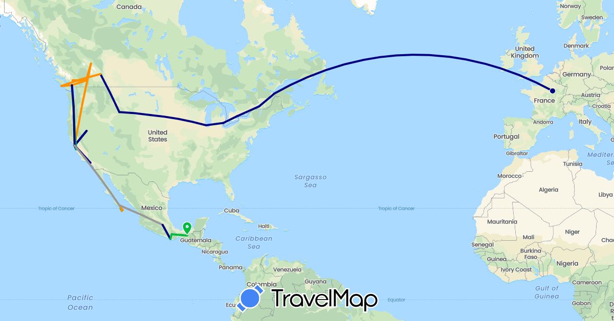 TravelMap itinerary: driving, bus, plane, hitchhiking in Canada, Mexico, United States (North America)
